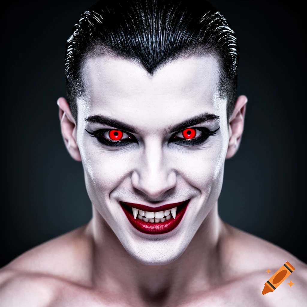Close-up portrait of a male vampire with pale skin, slicked black hair, red eyes, and fangs, smiling menacingly.