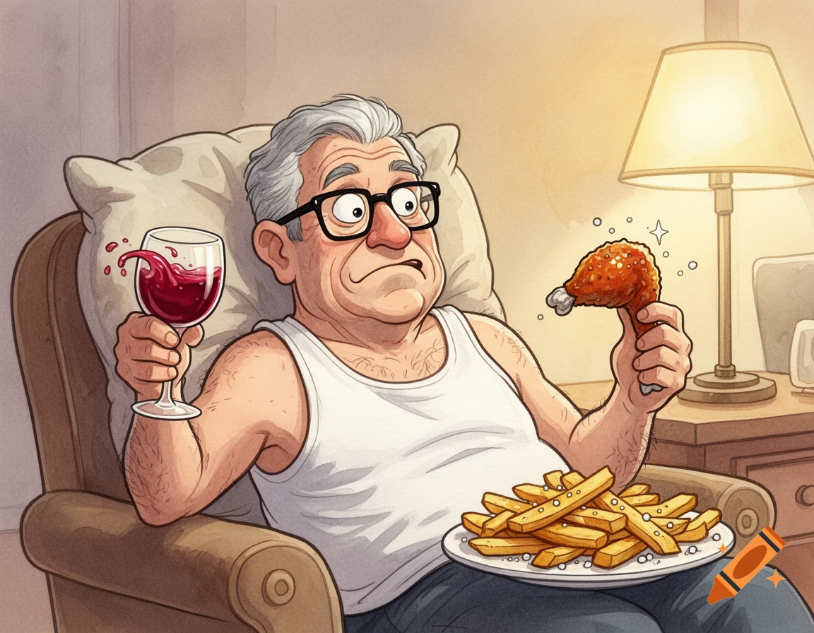 Cartoon of an older man in a tank top and glasses, holding a glass of red wine and a chicken drumstick, with a plate of fries.
