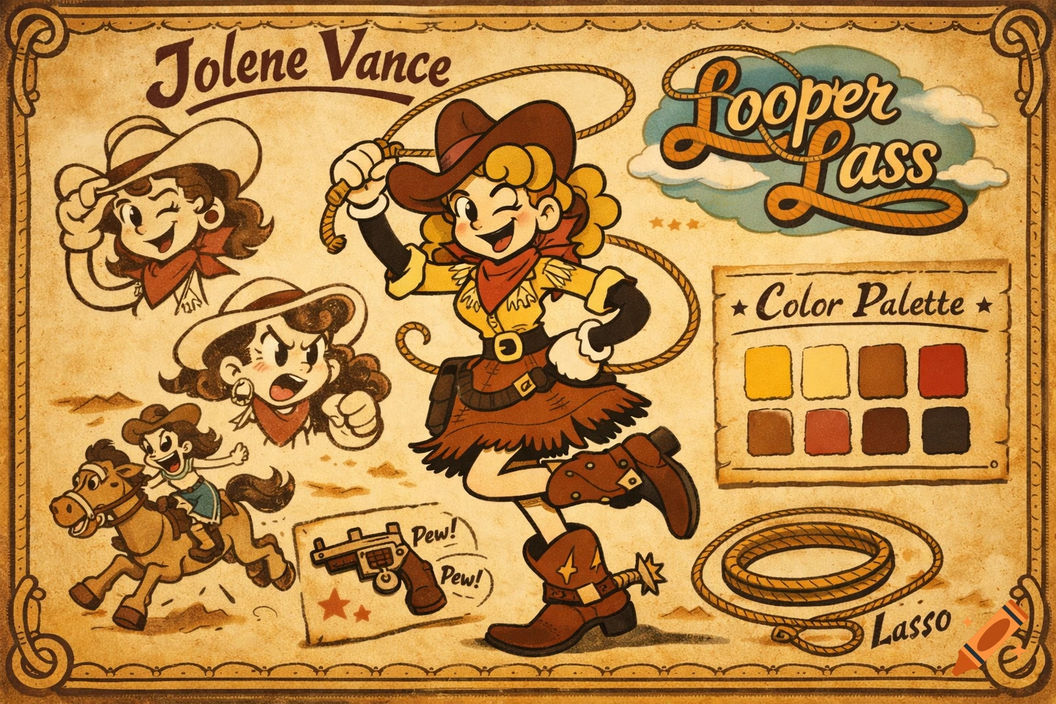 A character sheet in rubber hose cartoon style for Jolene Vance, a cowgirl from the Wild West game 'Looper Lass', featuring various poses and a color palette.
