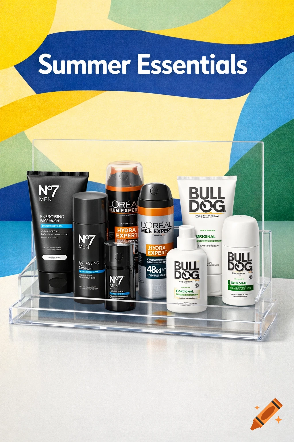 An acrylic stand holds various men's grooming products from N7, L'Oral Men Expert, and Bulldog against a colorful abstract background. Text reads "Summer Essentials".