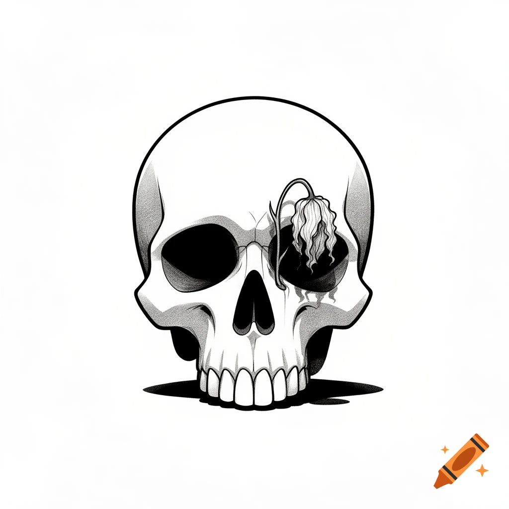 Minimalist black and white illustration of a skull with a withered flower in its eye socket.