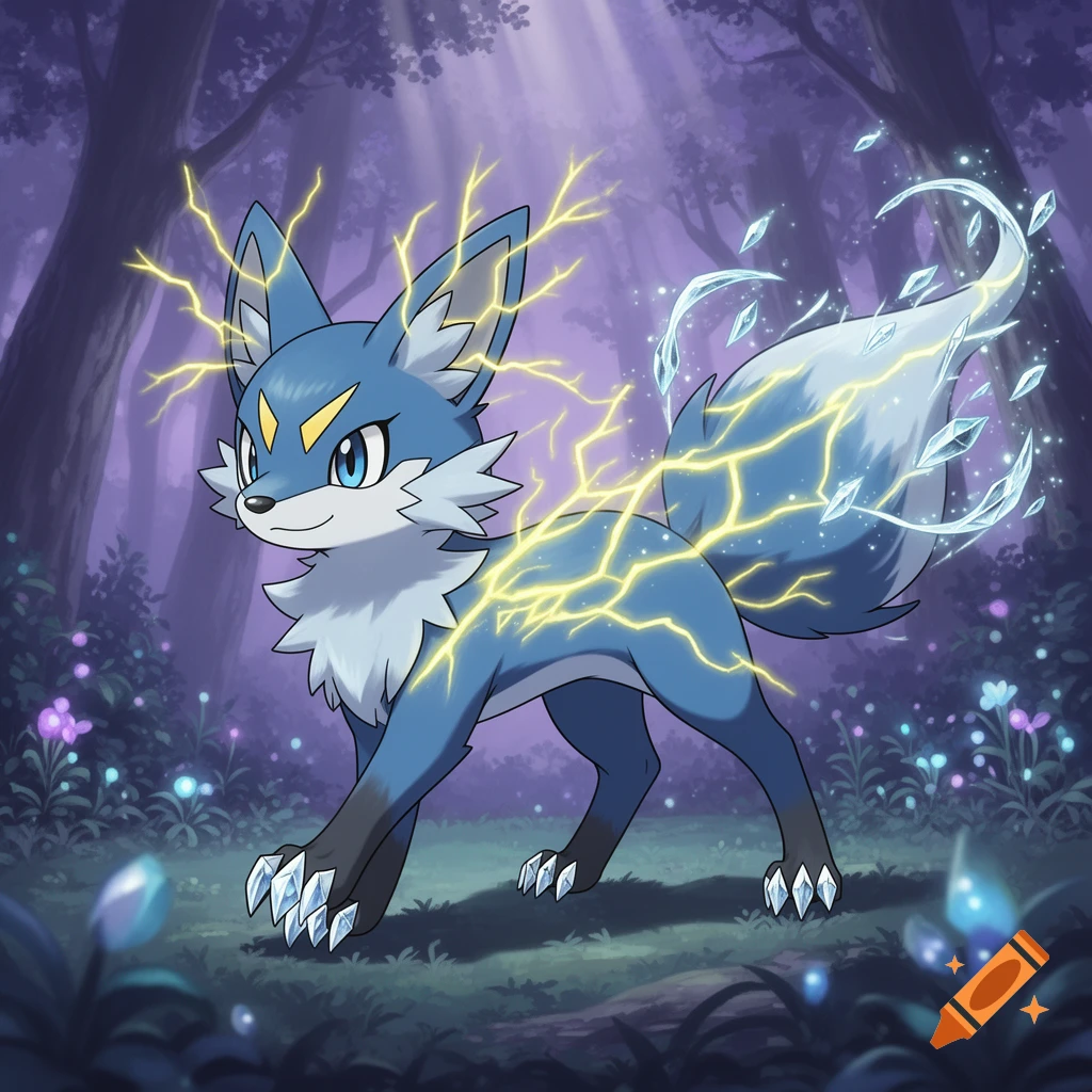 A blue fox-like fantasy creature with yellow lightning bolts and ice crystals, standing in a dark, ethereal forest.