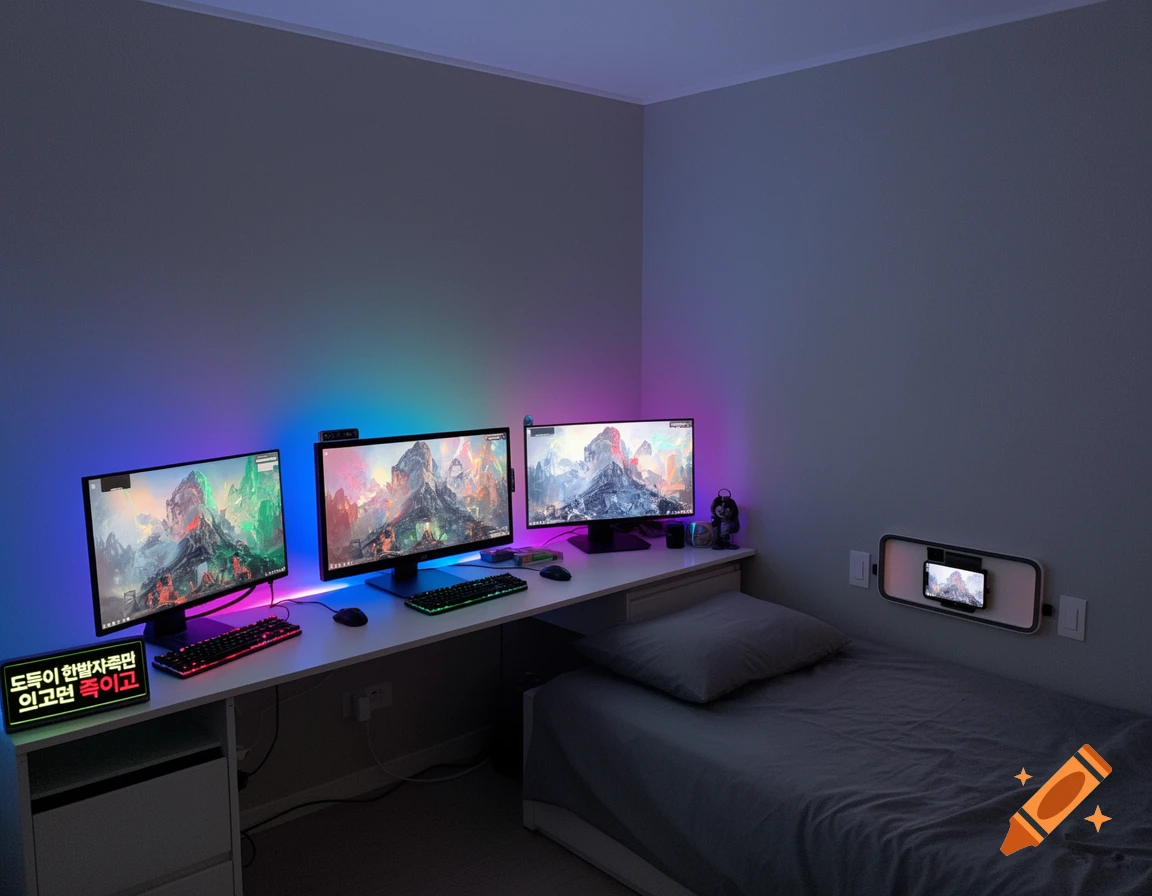 A modern gaming setup with three monitors displaying mountain landscapes, RGB lighting behind the desk, and a bed with a phone holder.