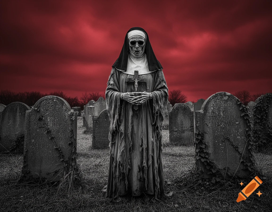 A photorealistic image of an undead nun with a skull face and skeletal hands holding a crucifix in a desolate cemetery under a red sky.