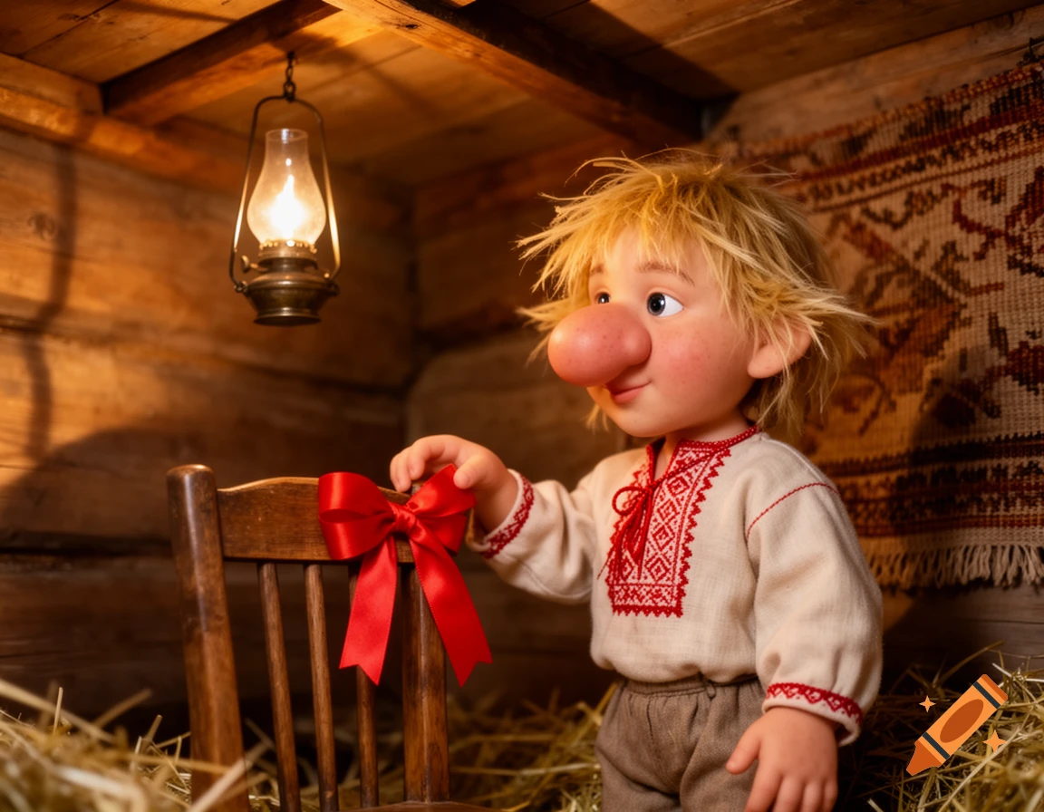 Doll-like house spirit with a large round nose and straw hair, wearing an embroidered shirt, touches a red bow on a wooden chair in a rustic room with a lantern.