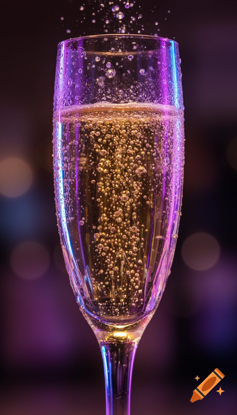 Extreme macro shot of golden champagne bubbles rising in a crystal glass with condensation, purple and blue neon reflections.