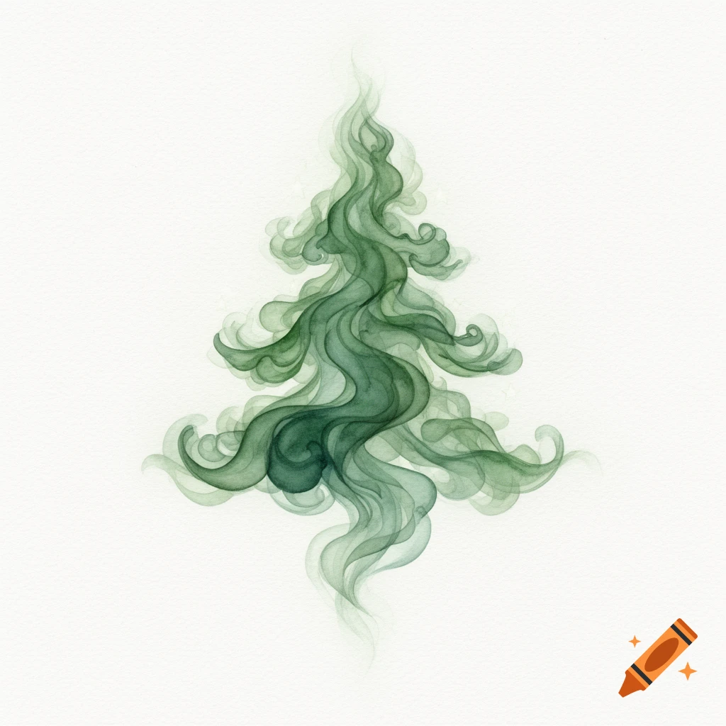 Delicate watercolor of a Christmas tree formed from swirling green smoke on textured paper.