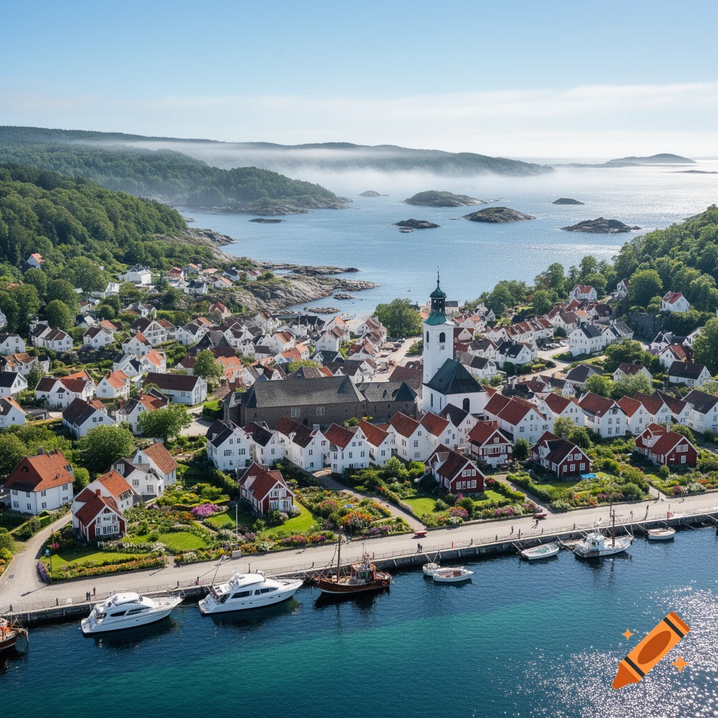 Aerial view of a picturesque coastal town with white houses and red roofs nestled along a clear blue bay, surrounded by green hills and misty islands. Boats are docked at the waterfront.