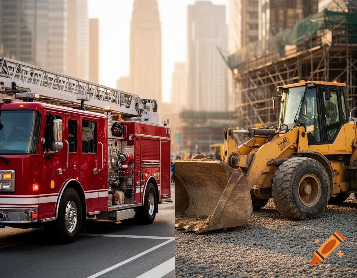 A red fire truck on a street and a yellow front-end loader on a construction site, with city buildings in the background.