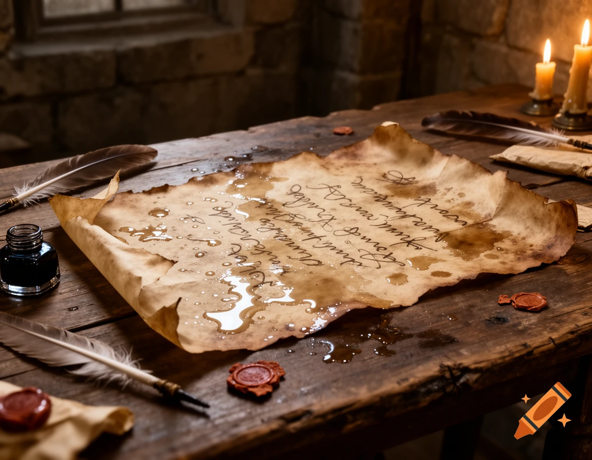 An old, crumpled parchment with illegible writing and water drops, surrounded by quill pens, an inkwell, and wax seals on a wooden table.