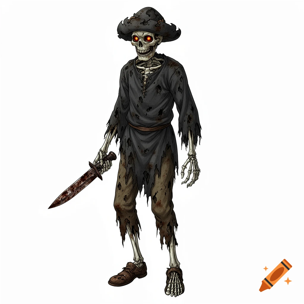 An illustrated skeleton in a tattered dark medieval outfit with a hat, glowing red eyes, holding a rusty knife on a white background.