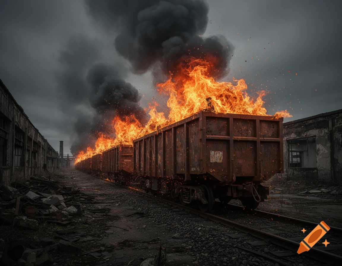 A long train with each car engulfed in large orange flames and heavy black smoke, on tracks between dilapidated industrial buildings under a dark, cloudy sky.
