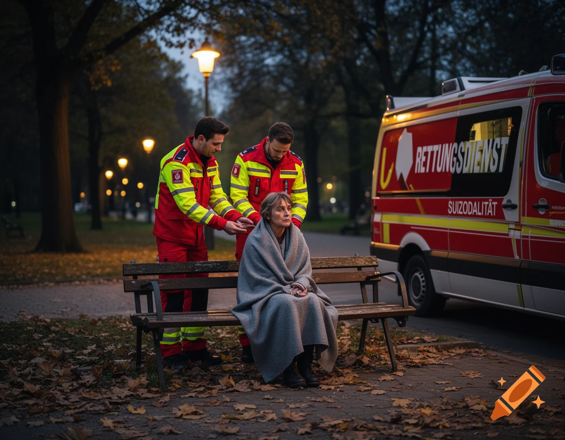 Two paramedics in red and yellow uniforms attend to an older woman wrapped in a gray blanket on a park bench, next to a red ambulance at dusk.
