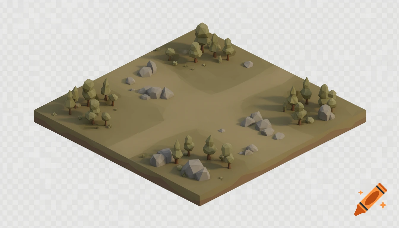 An isometric low-poly landscape with sparse trees and rocks on a tan terrain, set on a transparent background.