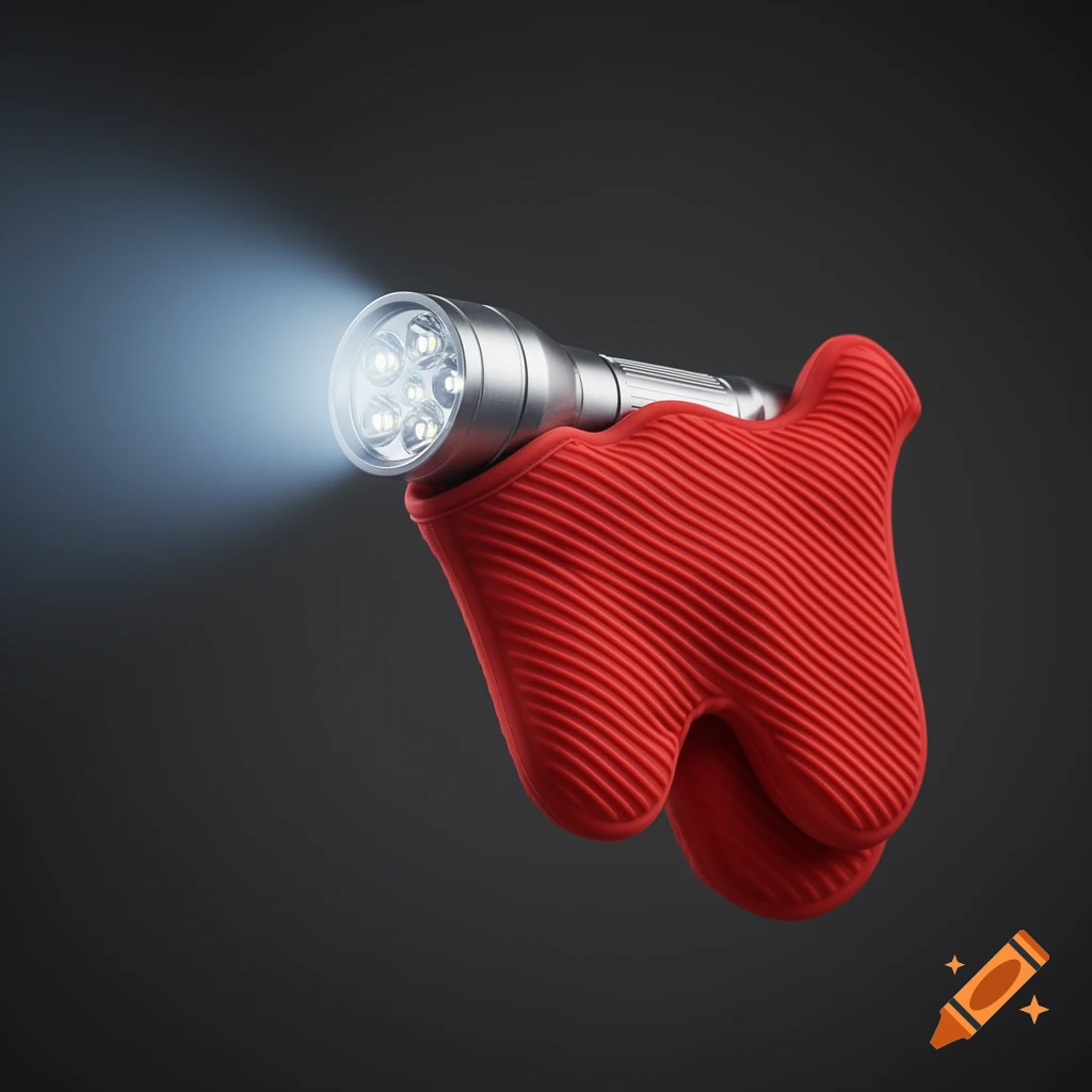 A photorealistic silver LED flashlight held by a red silicone oven mitt, casting a bright beam of light.