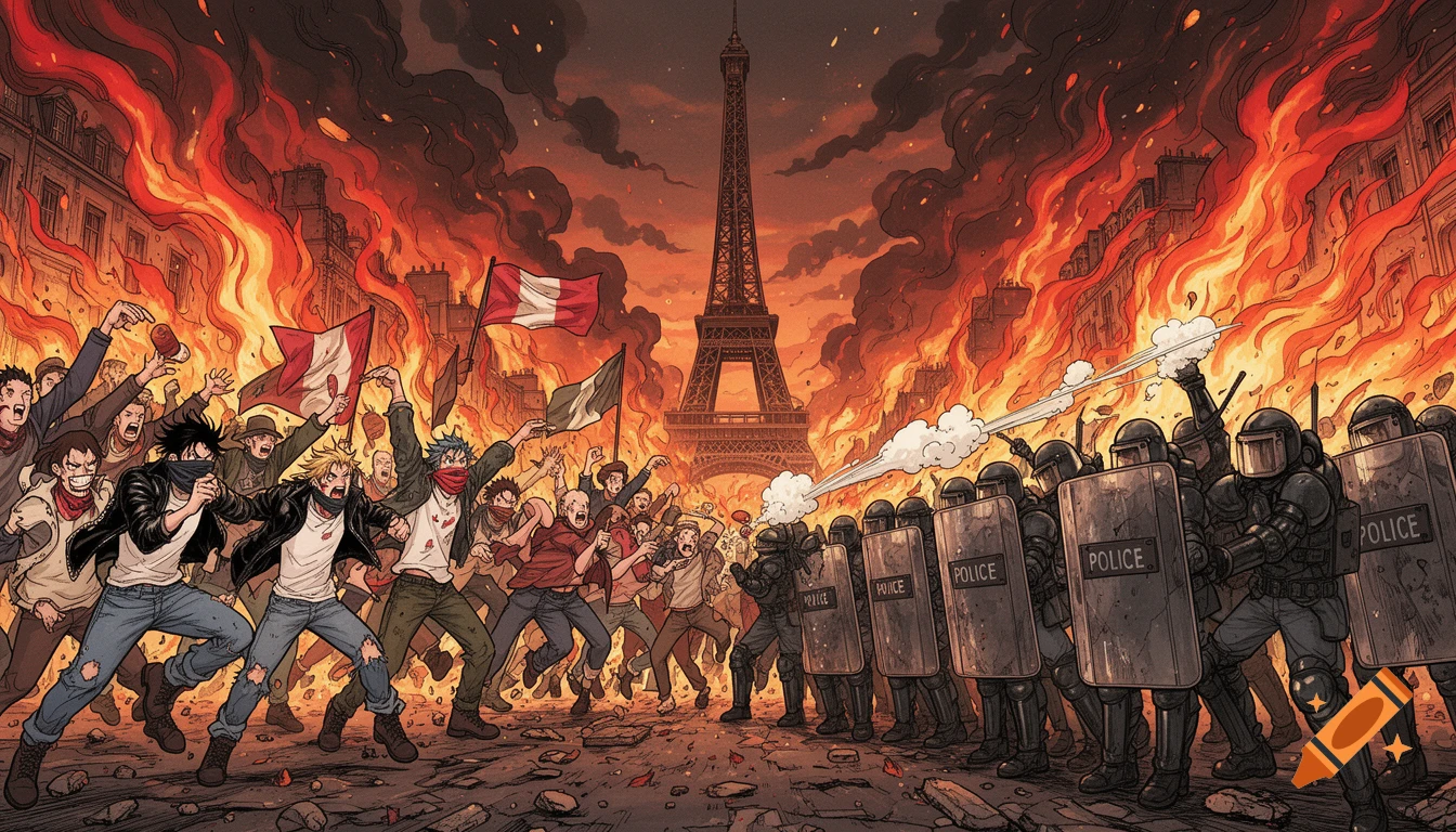 Manga style illustration of a chaotic riot in Paris, with a mob of protestors clashing with riot police in front of the burning Eiffel Tower.