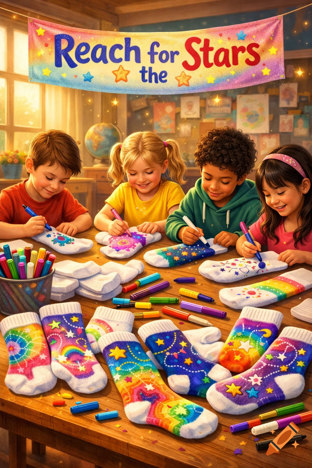 Four diverse children happily decorate socks with colorful markers at a wooden table in a brightly lit classroom under a 'Reach for Stars' banner.