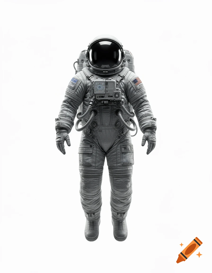 A detailed astronaut suit is seen in a full-body view against a pure white background.