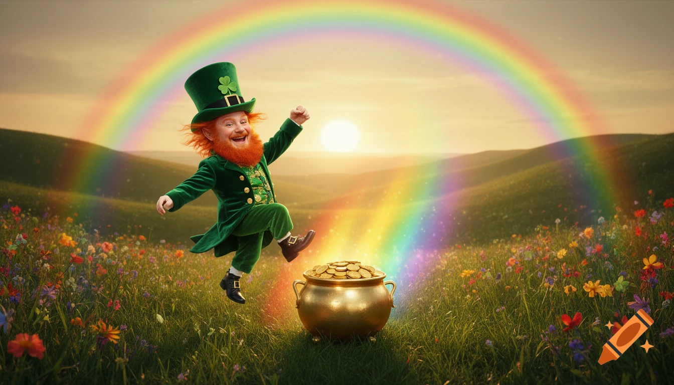 A joyful leprechaun in green dances next to a pot of gold at the end of a vibrant rainbow over a sunset-lit, flower-filled hill.