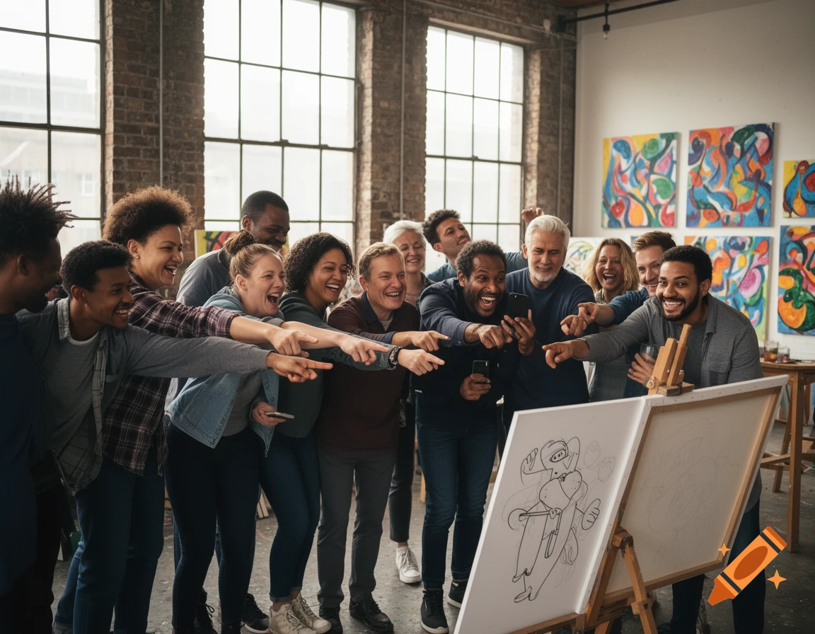 A diverse group of laughing adults in an art studio point and smile at a cartoon drawing on an easel.