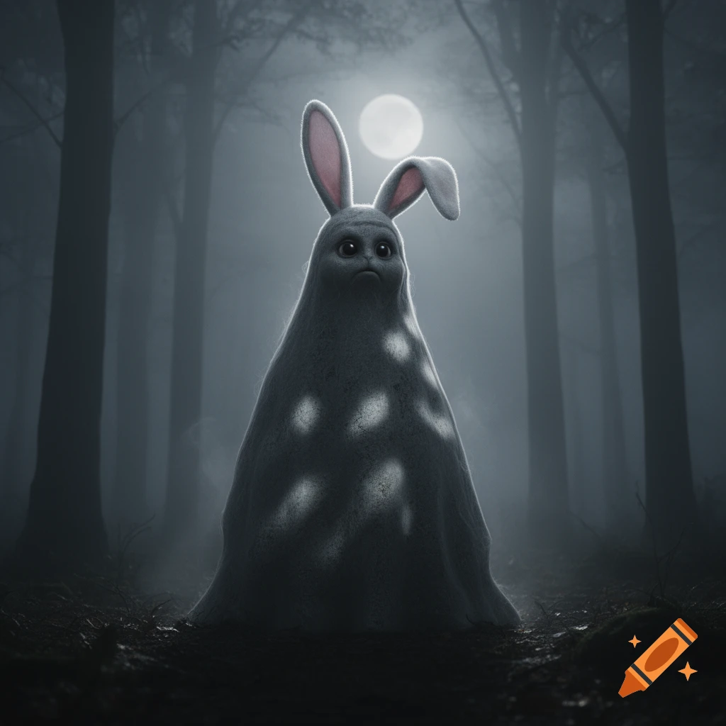 A sad-looking grey creature with bunny ears stands in a dark, misty forest under a full moon, with light spots on its body.