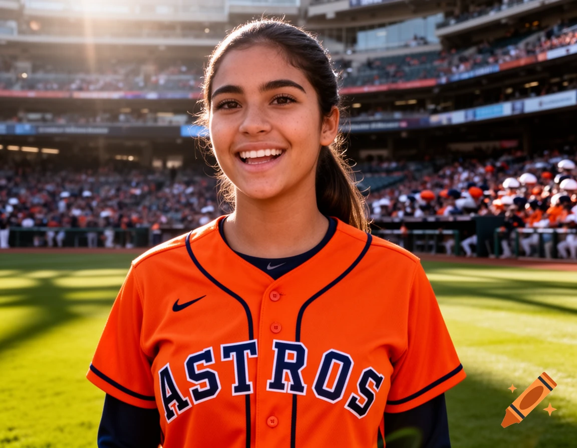 A smiling young woman in an orange Houston Astros baseball jersey stands on a sunny field in a stadium.