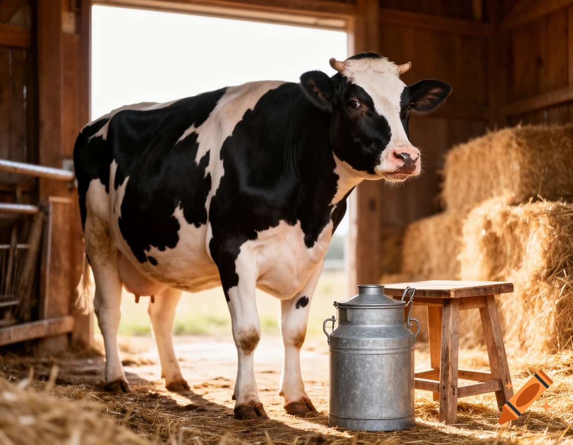 A black and white dairy cow stands in a sunlit barn with hay bales and a metal milk can.