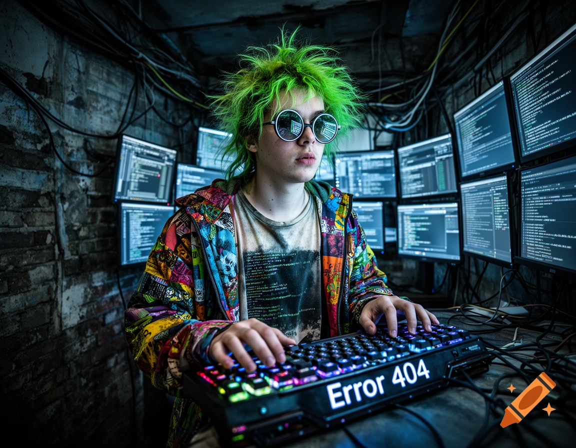 A person with neon green hair and round sunglasses types on a keyboard displaying 'Error 404', surrounded by computer monitors in a dark, cluttered room.