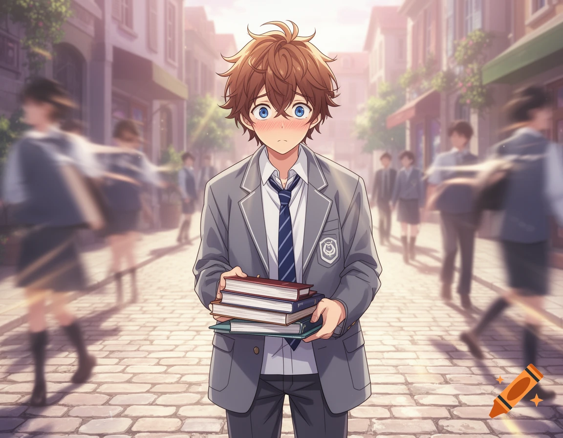 An awkward anime schoolboy with brown hair and blue eyes, blushing while holding a stack of books on a cobblestone street with blurred figures.