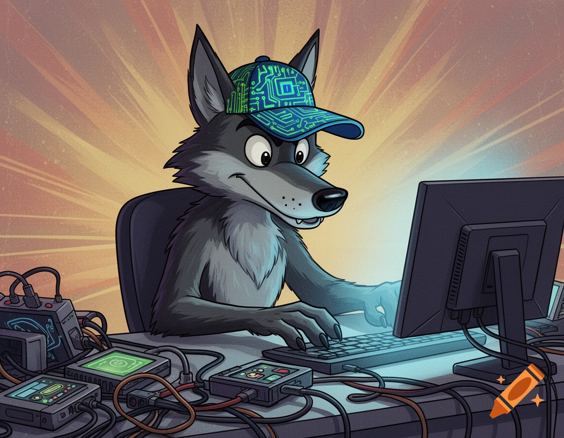 Computer Wolf Deviantart A cartoon wolf wearing a circuit board pattern cap sits at a messy desk ...
