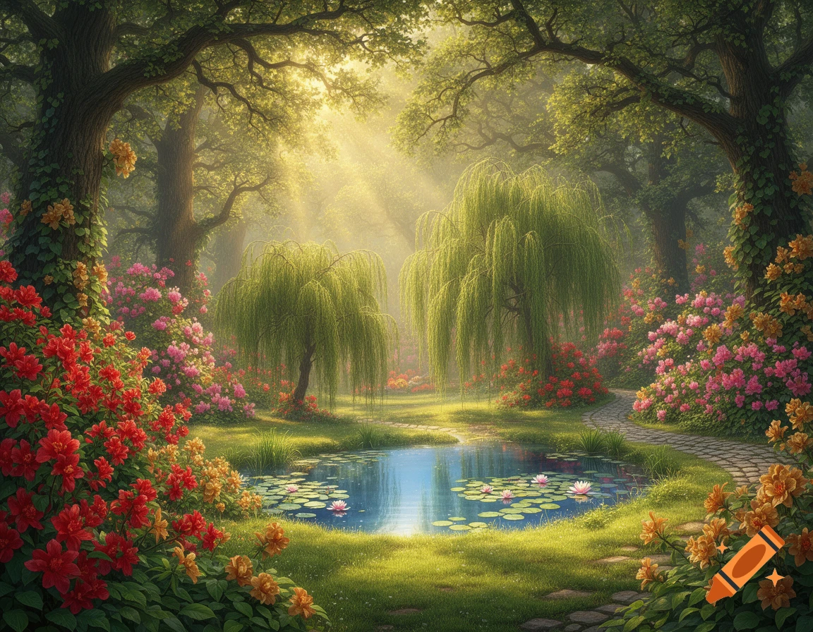 Lush garden with weeping willows, a pond with water lilies, vibrant red ...