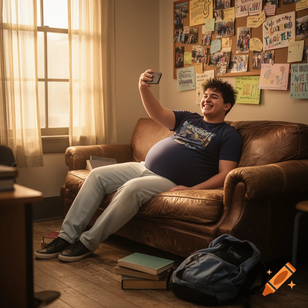 A smiling young man with a very large belly sits on a brown leather couch, taking a selfie with his phone. A corkboard with notes is behind him.
