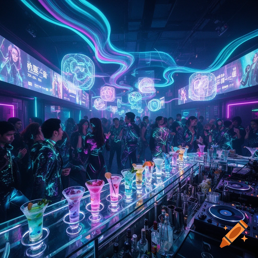 A futuristic cyberpunk nightclub with glowing neon lights, a crowded dance floor, and a bar lined with colorful cocktails.