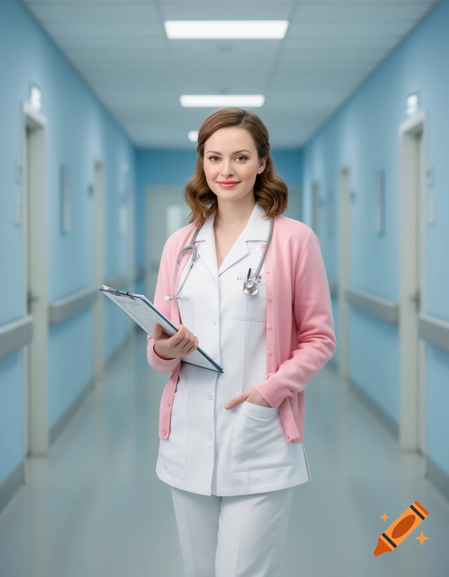 A smiling female nurse in a pink cardigan and white scrubs stands in a bright blue hospital hallway, holding a clipboard.