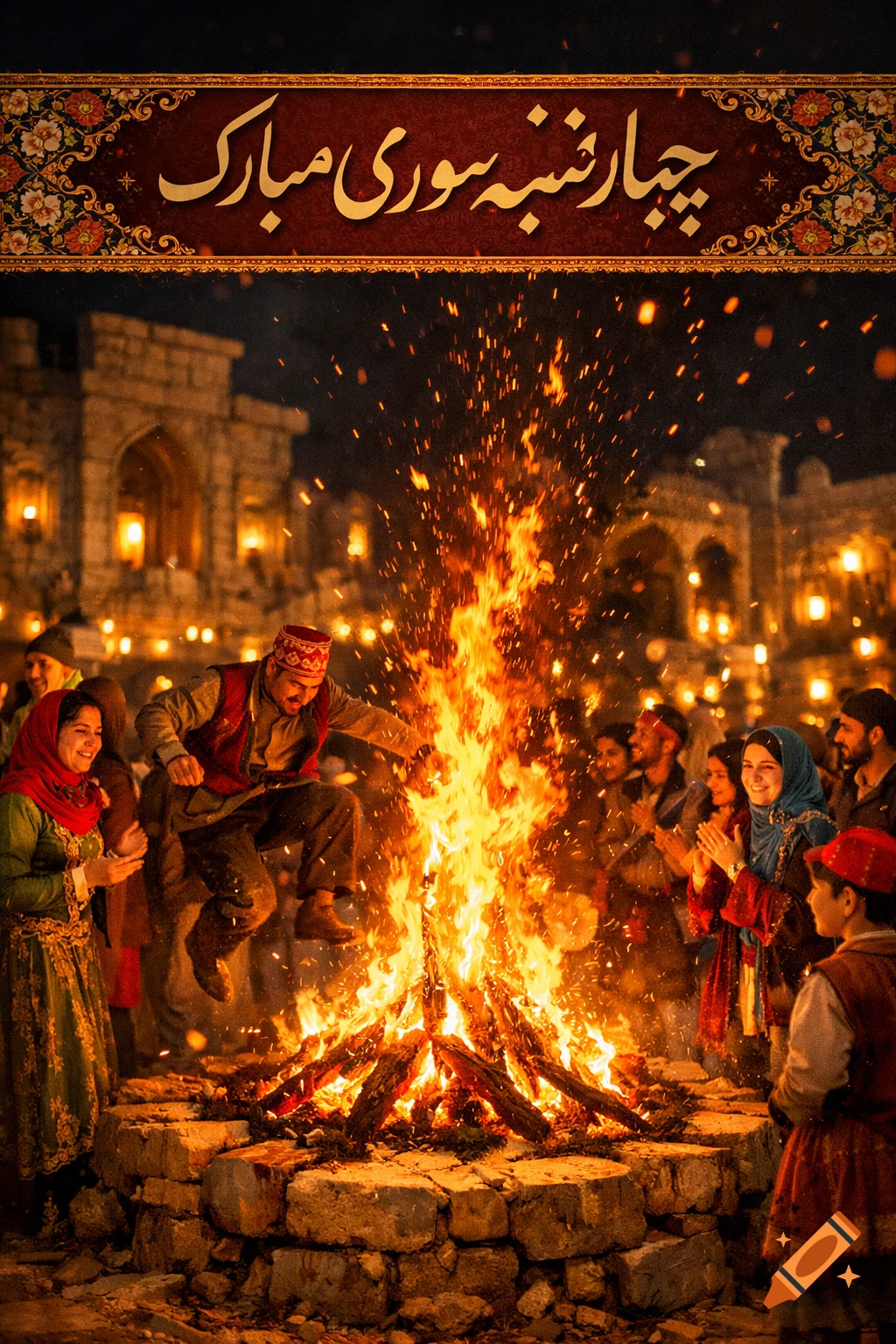 People in traditional attire celebrate Chaharshanbe Suri, jumping over a large bonfire at night with ancient buildings in the background. The text " چهارشنبه سوری مبارک " is displayed at the top.