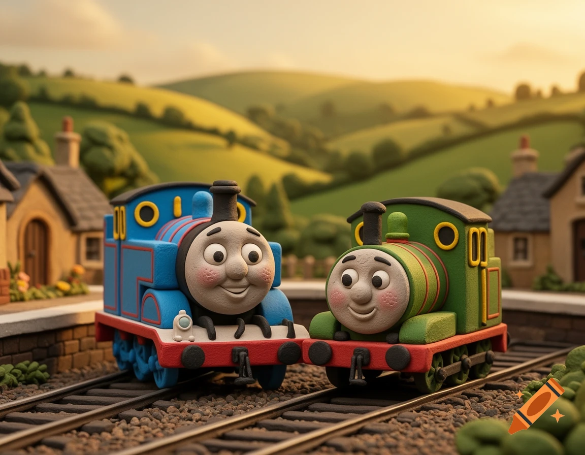 Two smiling, claymation-style trains, blue Thomas and green Percy, on tracks with village houses and rolling green hills at sunset.