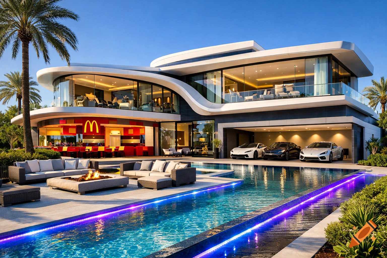 Luxurious modern house with a McDonald's facade, large pool, outdoor lounge, palm trees, and sports cars in the garage.