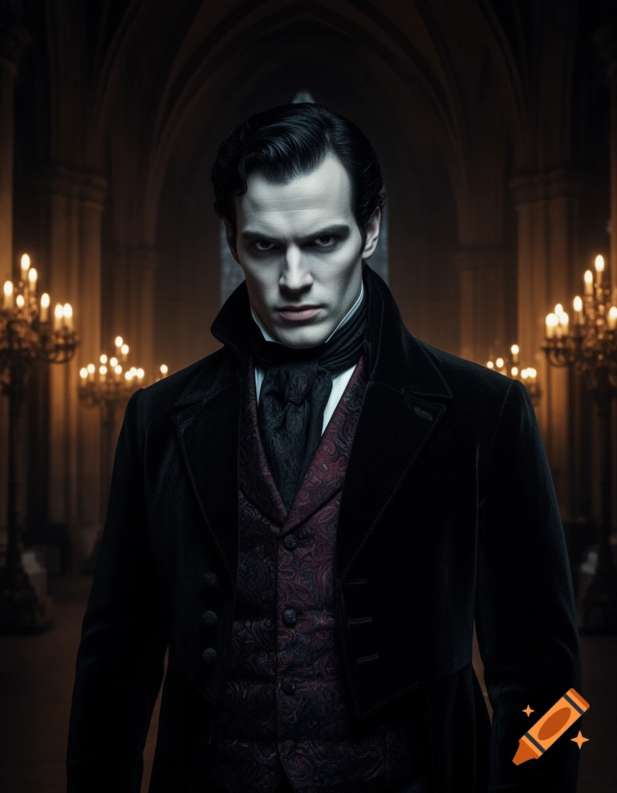 A pale man resembling Henry Cavil in a black velvet coat and patterned vest stands in a dimly lit gothic church with burning candelabras.