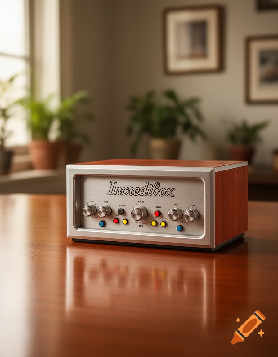 A silver and wood Incredibox audio mixer with knobs and colored buttons sits on a polished wooden table, in a sunlit room with plants.