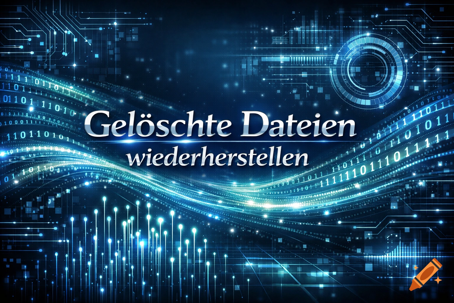 A dark blue digital background with glowing circuit lines, binary code, data streams, and the white German text "Gelöschte Dateien wiederherstellen" in the center.