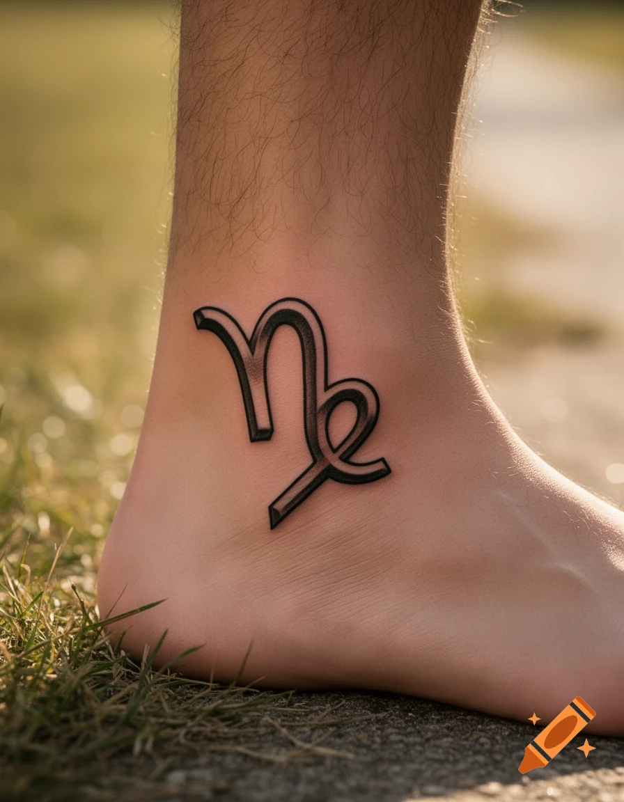 A detailed Capricorn zodiac symbol tattoo on a person's hairy right ankle, illuminated by sunlight outdoors.
