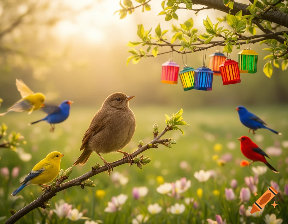 Birds in a vibrant spring meadow with colorful lanterns hanging from a tree branch during golden hour.