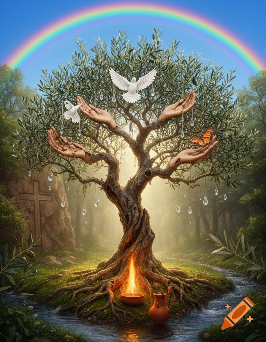 A vibrant tree with cupped hands in its branches holding doves and a butterfly, under a rainbow. A flame burns at its roots by a river, with a cross carved into a rock.
