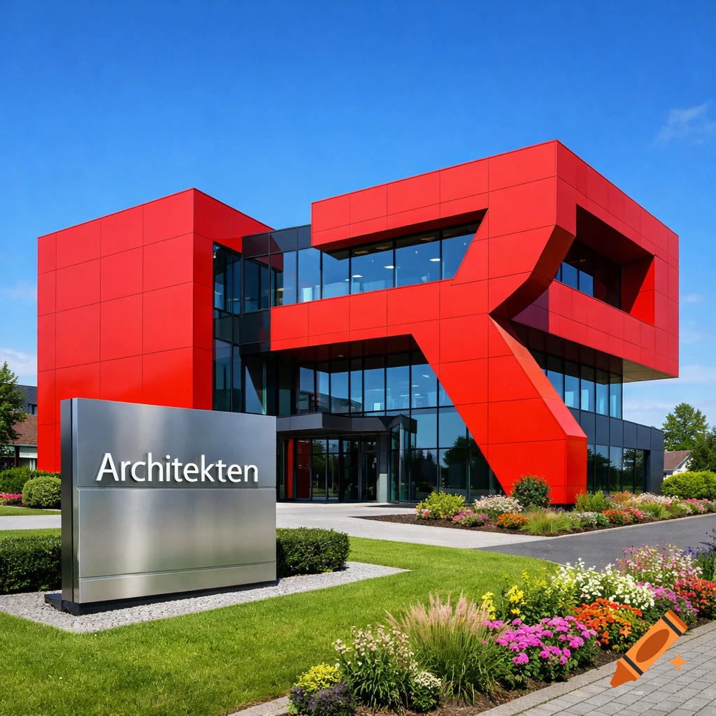 A red, stylized office building with glass windows and a sign reading "Architekten" out front, surrounded by green lawns and colorful flower beds under a blue sky.