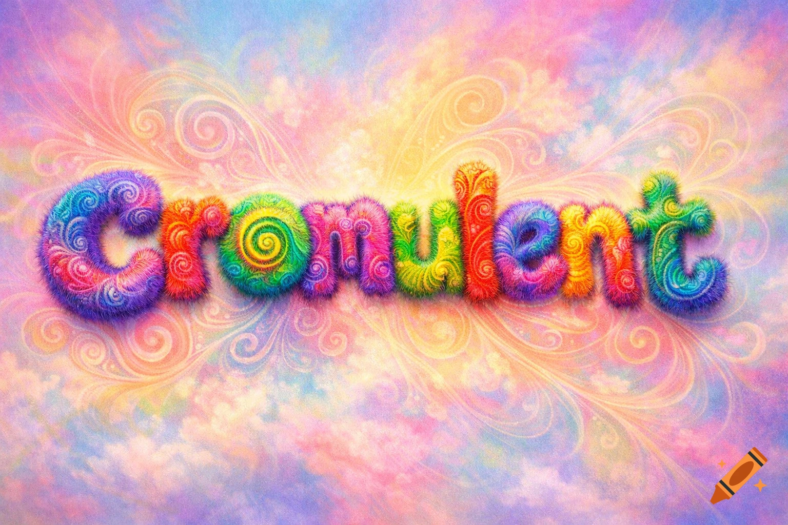 The word "cromulent" in colorful, fuzzy, psychedelic block letters against a soft, swirling pastel background.