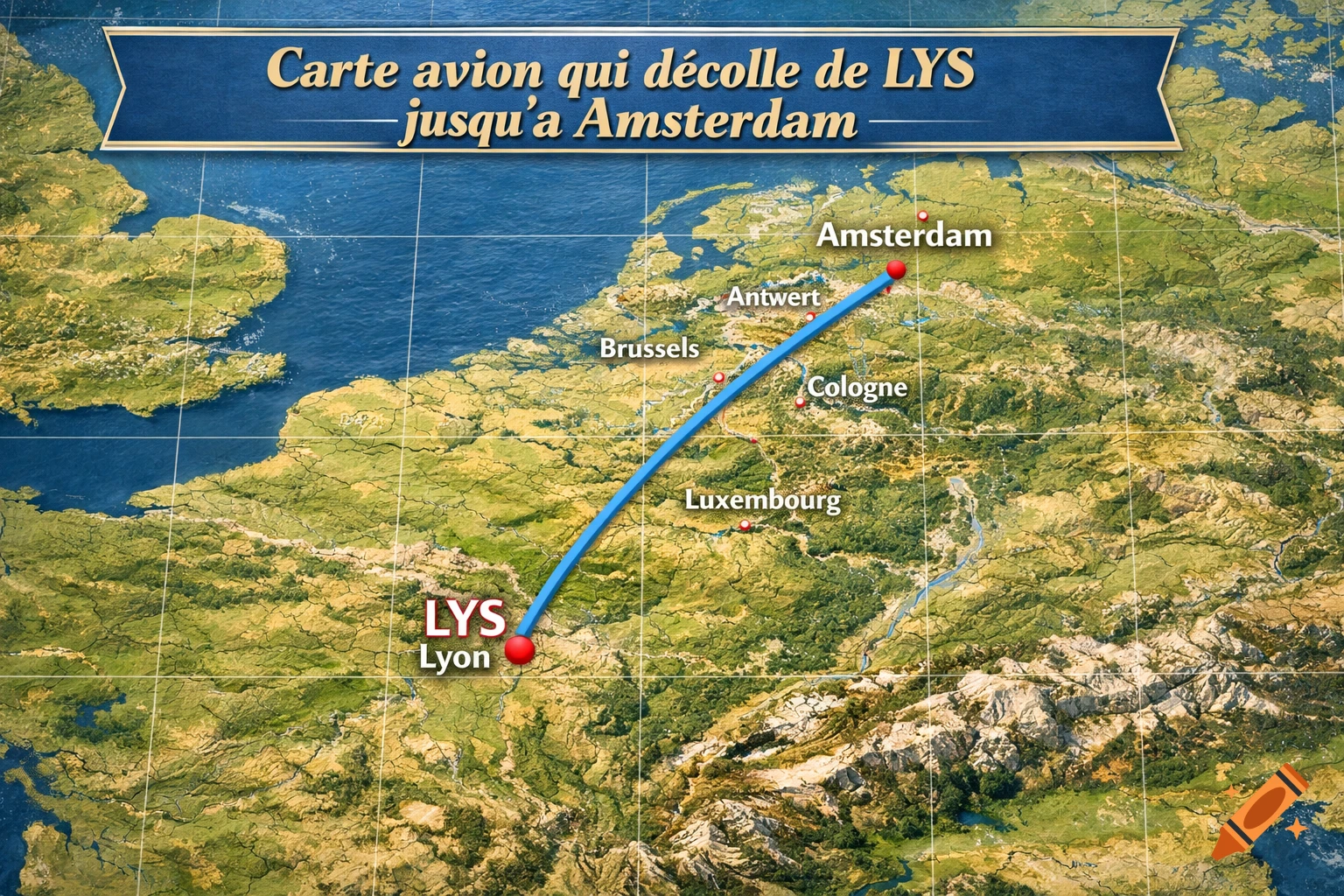 A stylized map showing a flight path from Lyon (LYS) to Amsterdam, with various European cities like Brussels and Cologne marked.