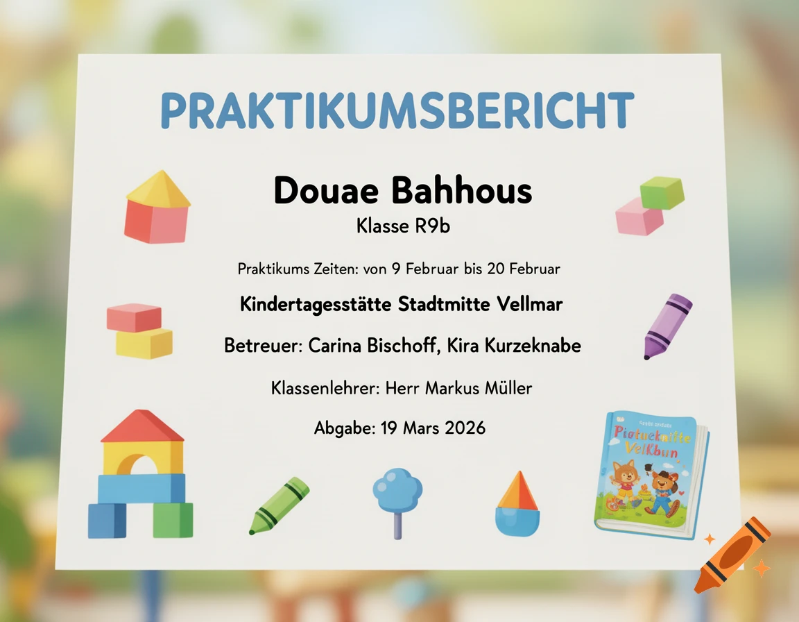 A white cover sheet for a German internship report for kindergarten, decorated with colorful children's building blocks, crayons, and a storybook. The sheet displays details like student name, internship dates, and supervisor.