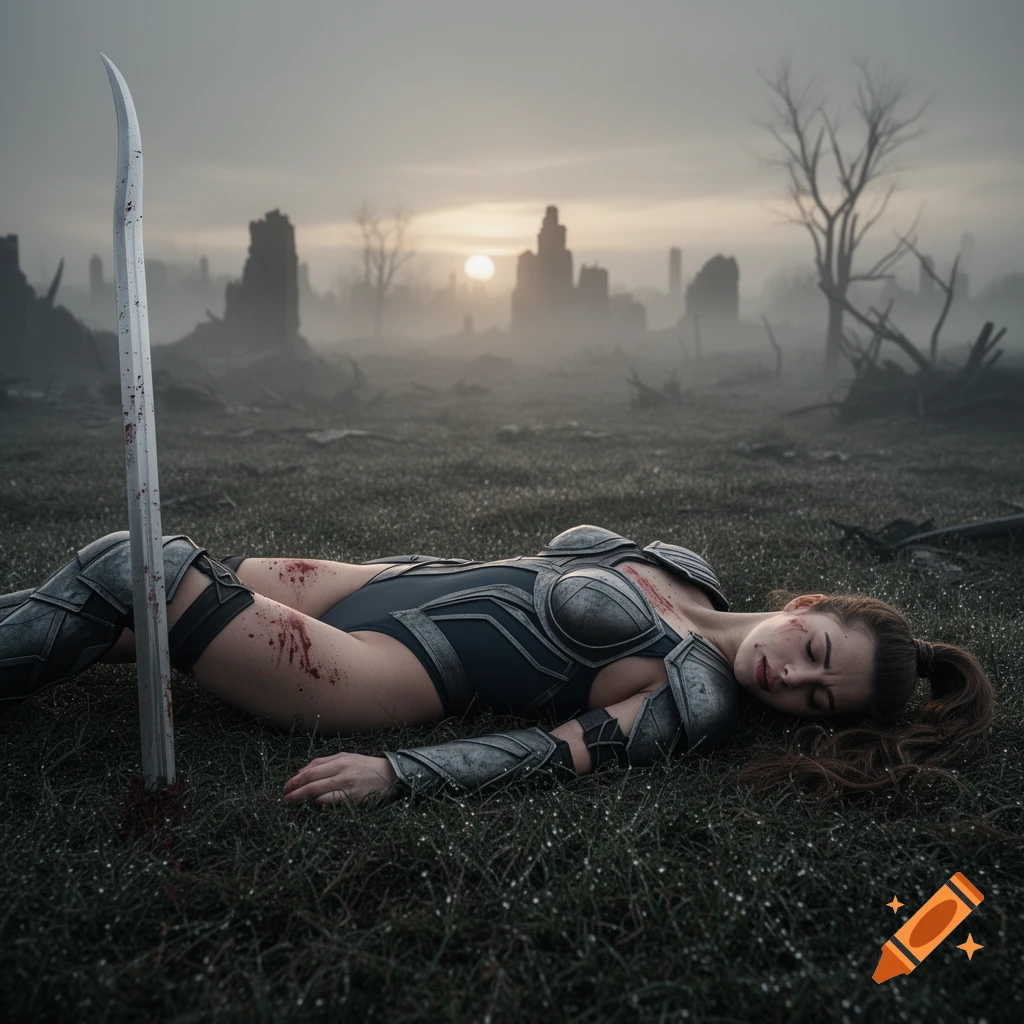 A fallen warrior woman in dark armor lies on the ground in a misty, ruined landscape, with a bloodied sword plunged into the grass beside her.