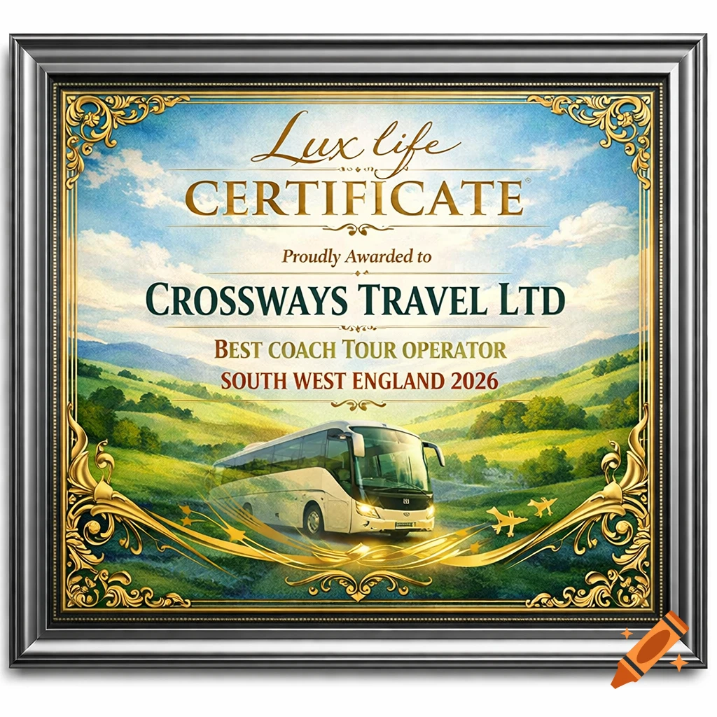 A framed 'Lux life CERTIFICATE' awarded to Crossways Travel Ltd for 'BEST COACH TOUR OPERATOR SOUTH WEST ENGLAND 2026', with a coach bus on a scenic landscape.