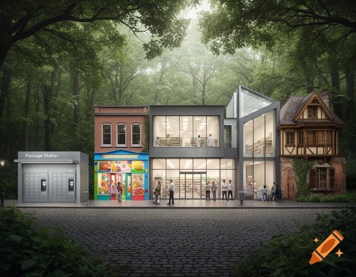 A street lined with diverse buildings including a package station, toy store, and a modern and old house, all backed by a lush forest.